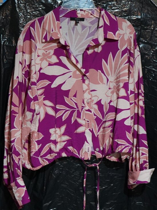 Pink & Purple Floral Drew Crop Button-Up Blouse - Tropical Vibes! SZ XS - RUNS L - Picture 1 of 11